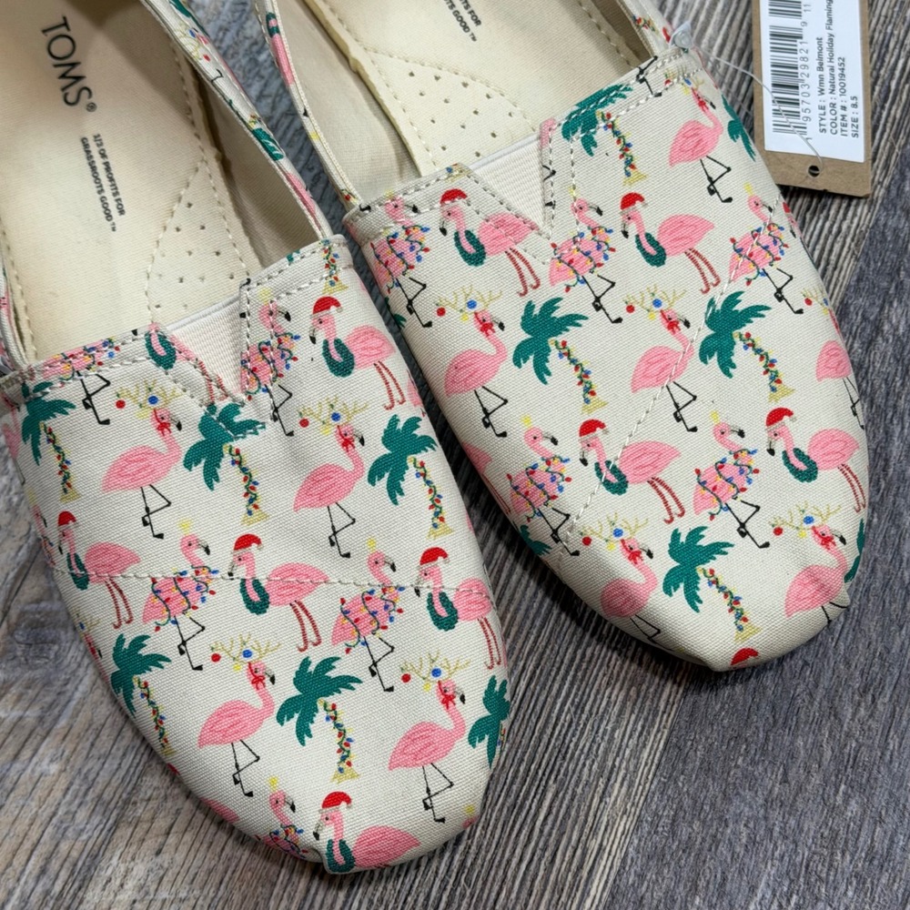 TOMS Belmont Natural Holiday Flamingos Canvas Slip On Flats Womens 8.5 Florida - Picture 3 of 8